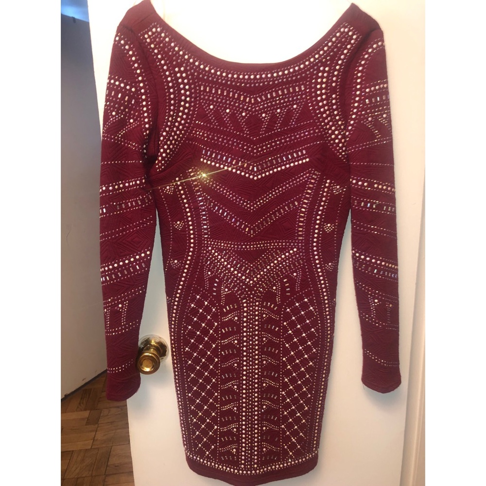 Bedazzled, wine color dress